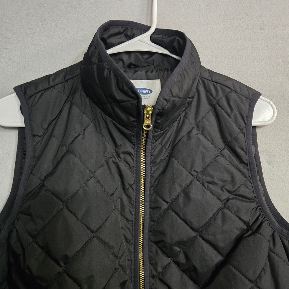 Old Navy Womens Black Quilted Puffer Vest Gold Zip Diamond Stitch Size M - Picture 9 of 9
